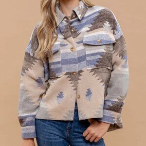Boho Aztec Print Button Front Jacket Shacket Blue Tan